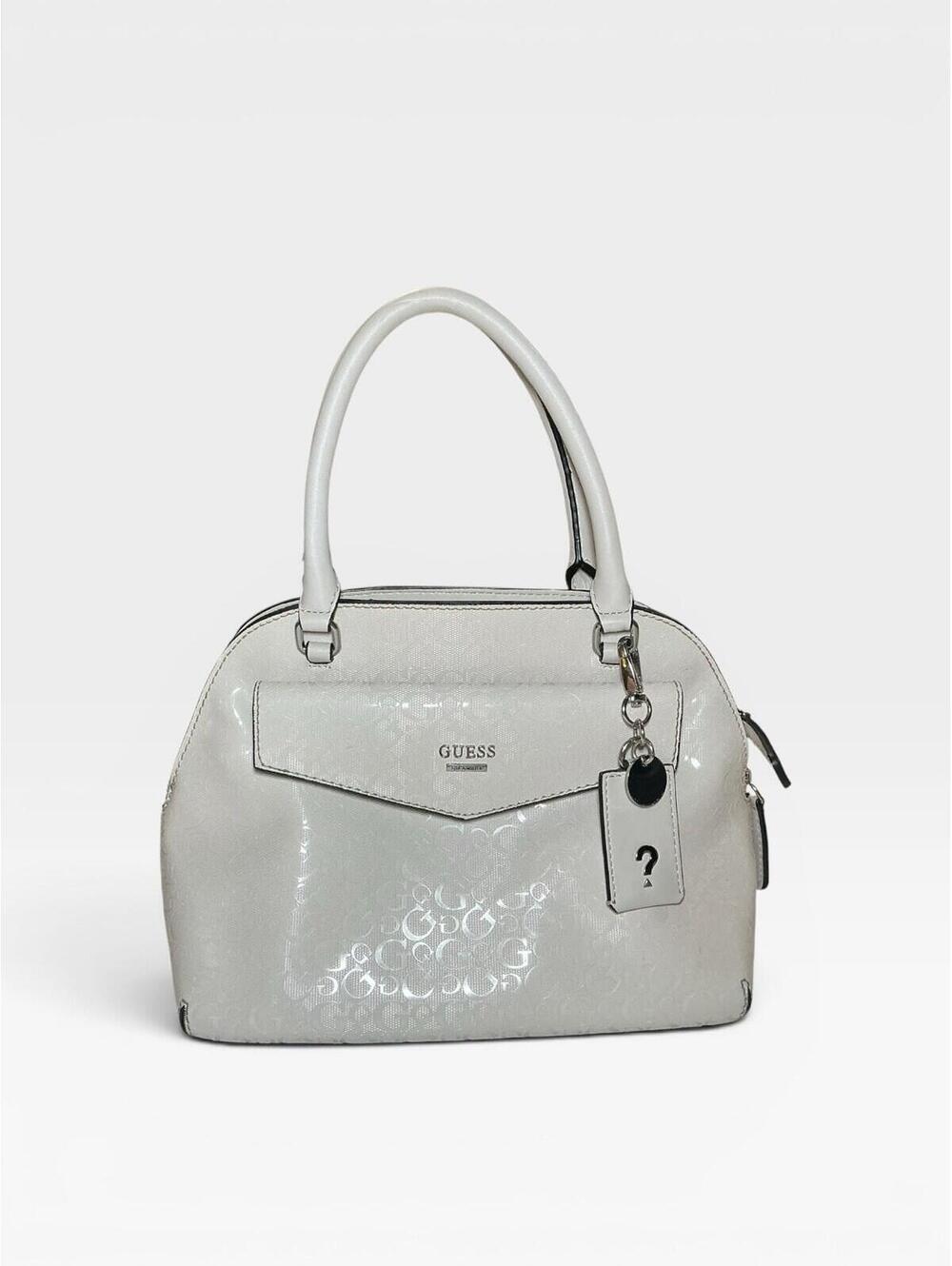 GUESS White Satchel Handbag Logo Print Women’s Purse Charm Bag/Short Handles